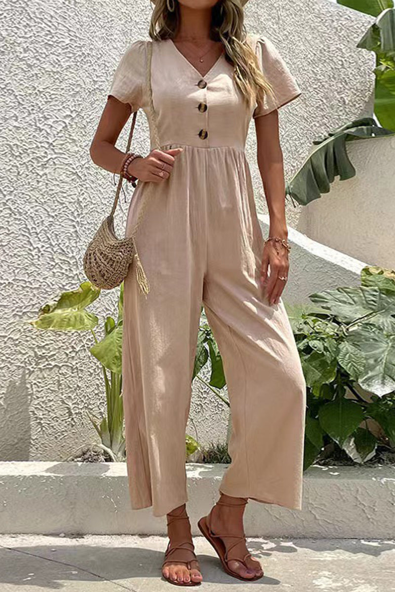 Kaynafashions - Casual Solid Buttons V Neck Loose Jumpsuits(5 Colors)
