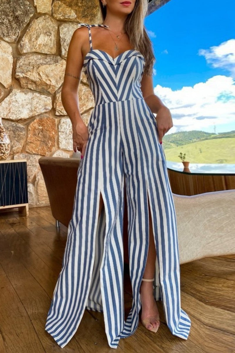 Kaynafashions - Sexy Casual Striped Print Bandage Backless Slit Spaghetti Strap Regular Jumpsuits