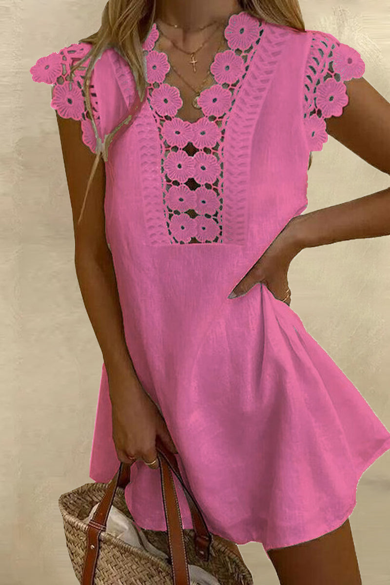 Kaynafashions - Casual Solid Hollowed Out V Neck A Line Short Sleeve Dress(8 Colors)