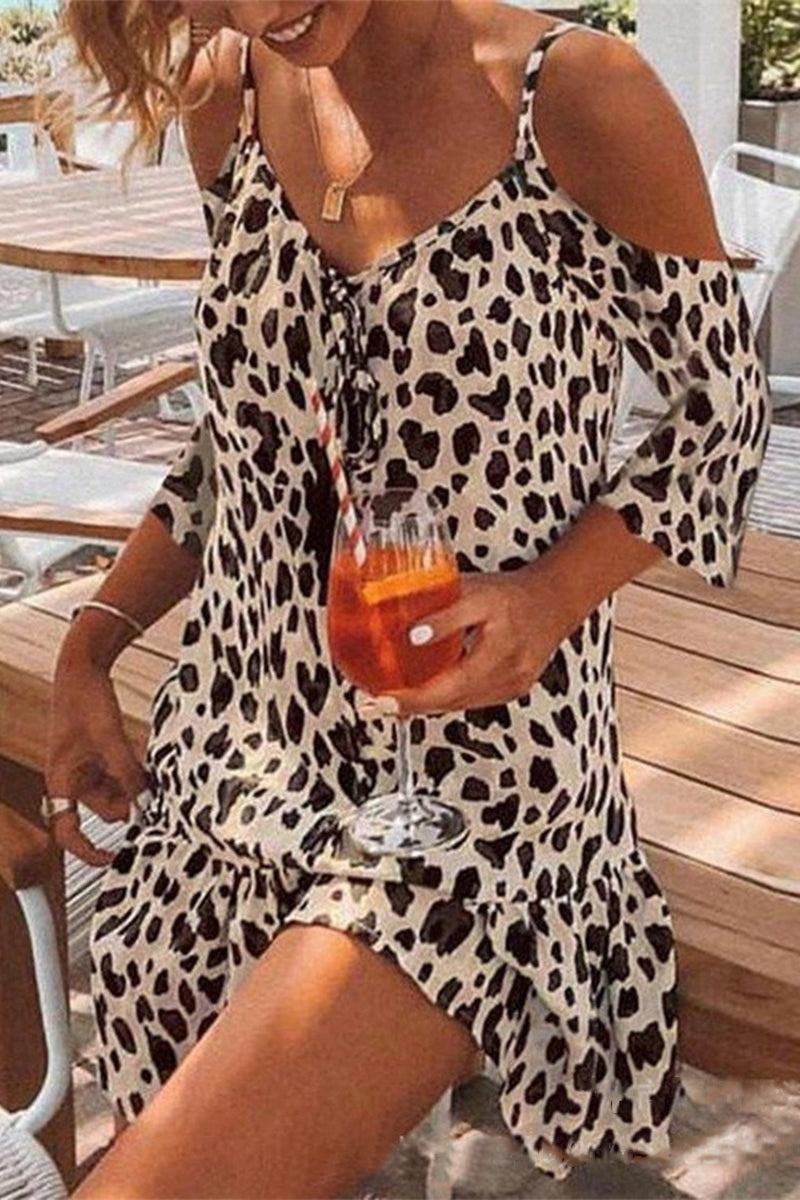 Kaynafashions - Casual Print Patchwork V Neck Cake Skirt Dresses