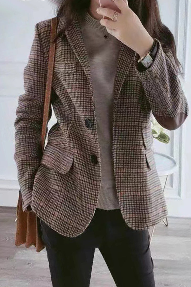Kaynafashions -  Work Plaid Patchwork Turn-back Collar Outerwear