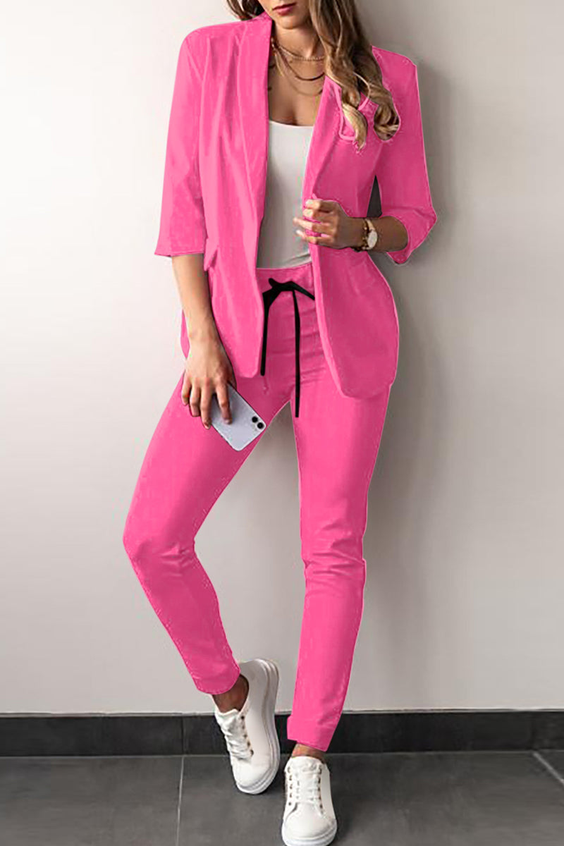 Kaynafashions - Casual Solid Frenulum Turn-back Collar Three Quarter Two Pieces