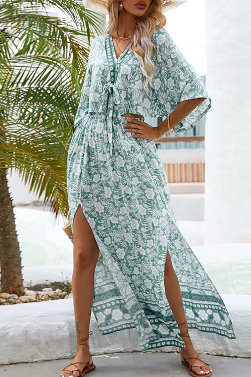 Kaynafashions - Bohemian Vacation Print Frenulum V Neck Half Sleeve Two Pieces