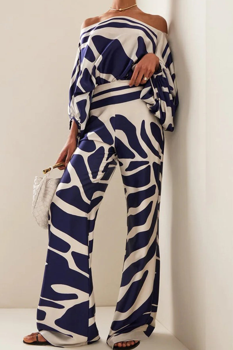 Kaynafashions - Casual Elegant Print Patchwork Off the Shoulder Long Sleeve Two Pieces(13 Colors)