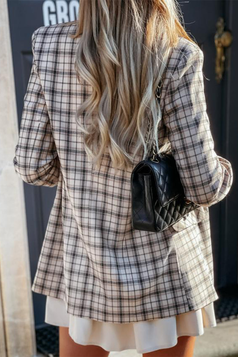 Kaynafashions - Work Elegant Plaid Print Patchwork Turn-back Collar Outerwear