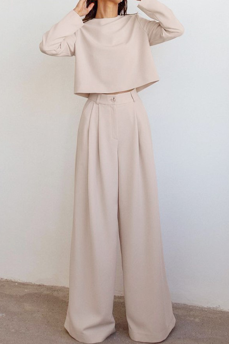 Kaynafashions - Elegant Solid Pocket O Neck Long Sleeve Two Pieces