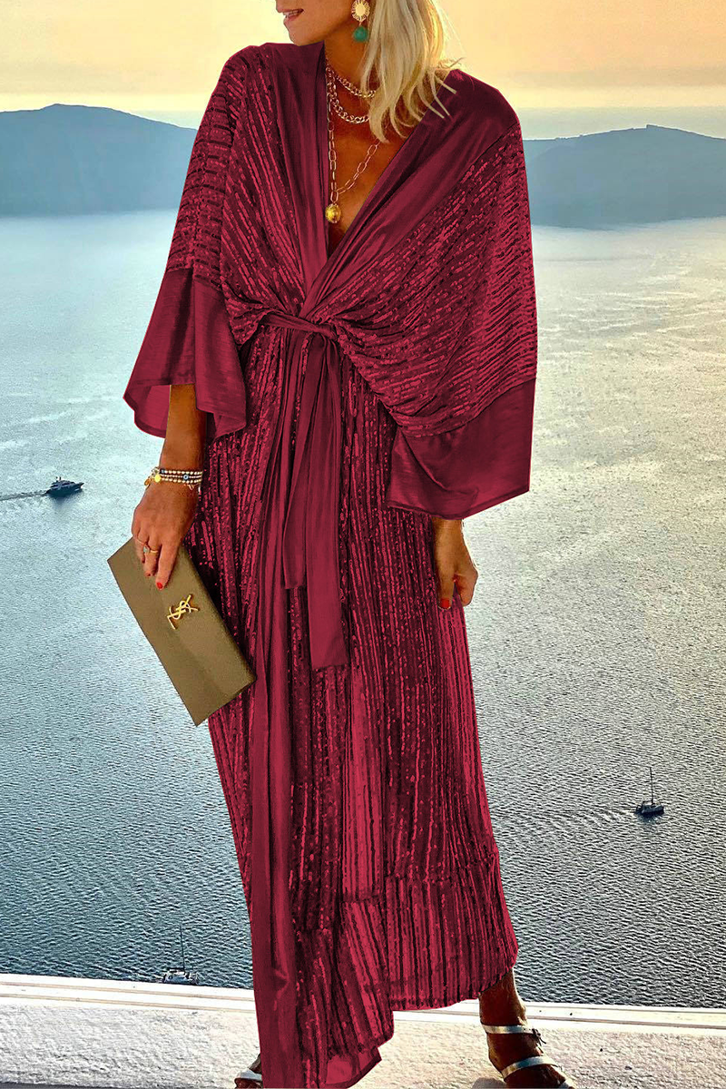 Kaynafashions - Casual Patchwork Sequins V Neck Waist Skirt Dresses(3 Colors)