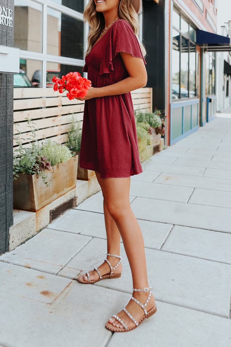 Kaynafashions - Casual Solid Flounce V Neck Cake Skirt Dresses(5 colors)