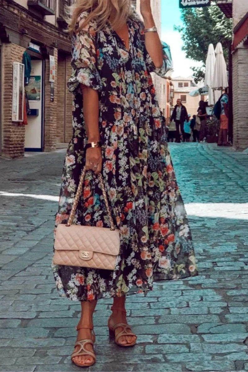 Kaynafashions - Casual Print Patchwork V Neck Cake Skirt Dresses