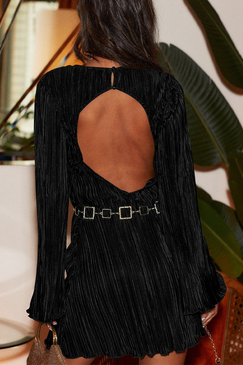 Kaynafashions - Sexy Solid Sequined O Neck Long Sleeve Dresses