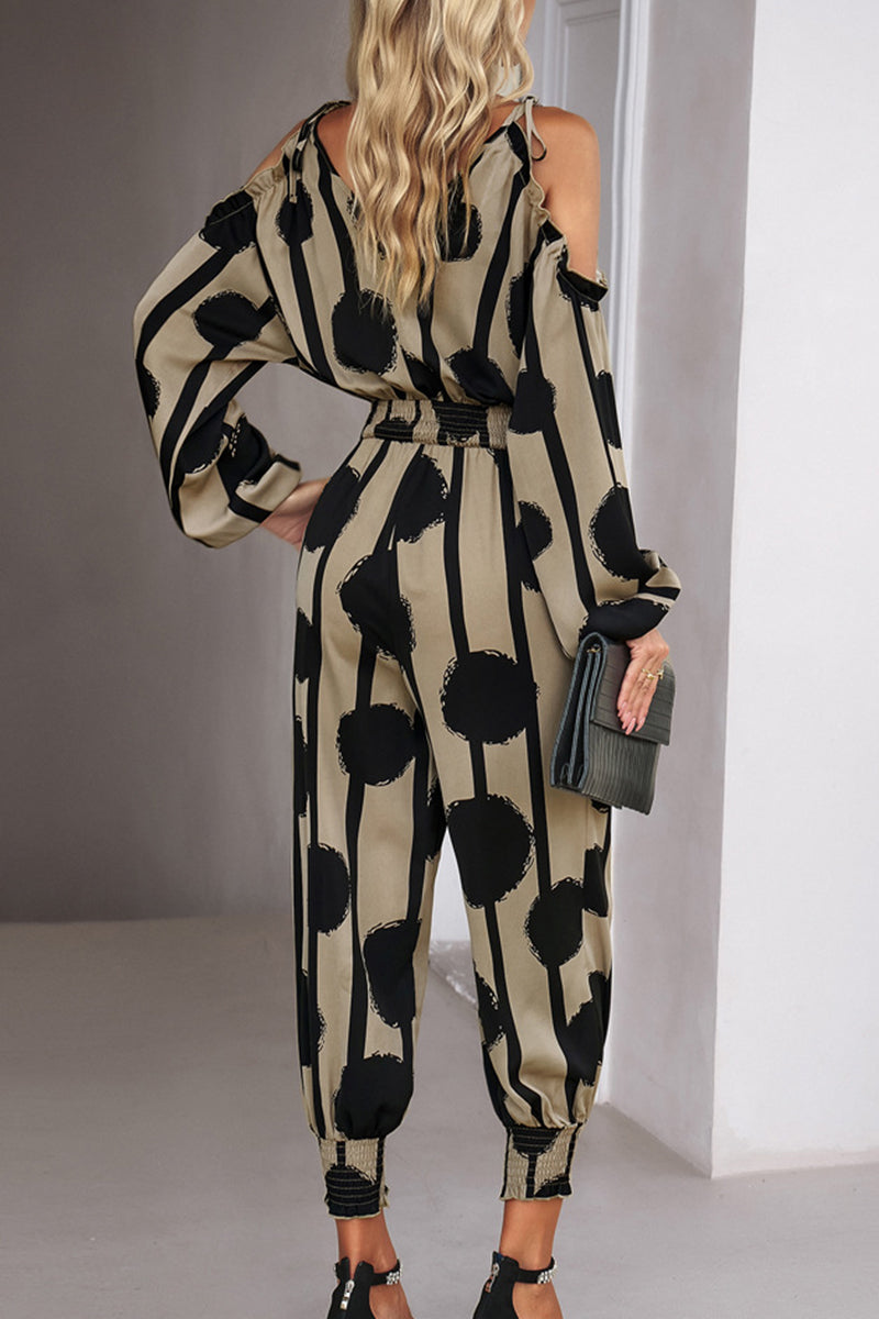 Kaynafashions - Elegant Striped Dot Patchwork V Neck Jumpsuits