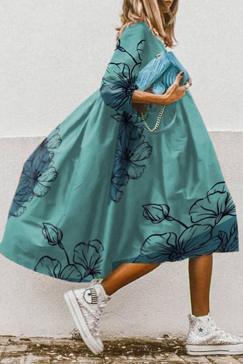 Kaynafashions - Casual Print Patchwork Turndown Collar Cake Skirt Dresses(11 Colors)