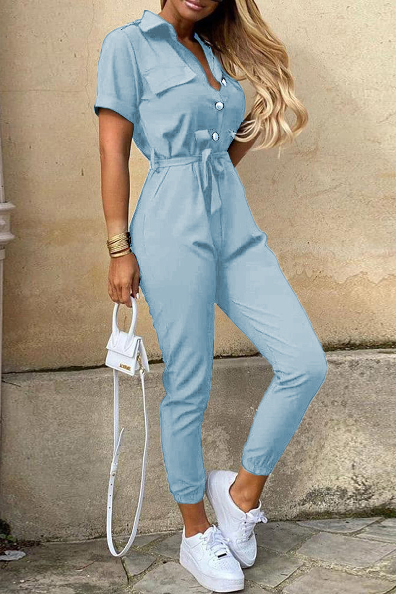 Kaynafashions - Casual Daily Solid Frenulum With Belt Turndown Collar Regular Jumpsuits(10 Colors)