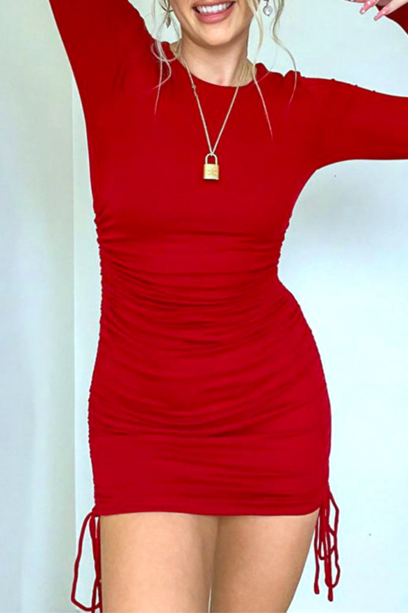 Kaynafashions - Casual Solid Draw String Fold O Neck Wrapped Skirt Dresses