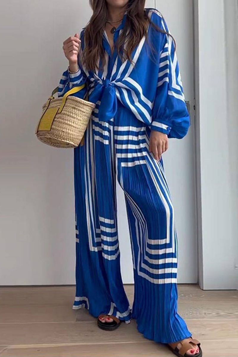 Kaynafashions - Casual Striped Print Patchwork V Neck Long Sleeve Two Pieces