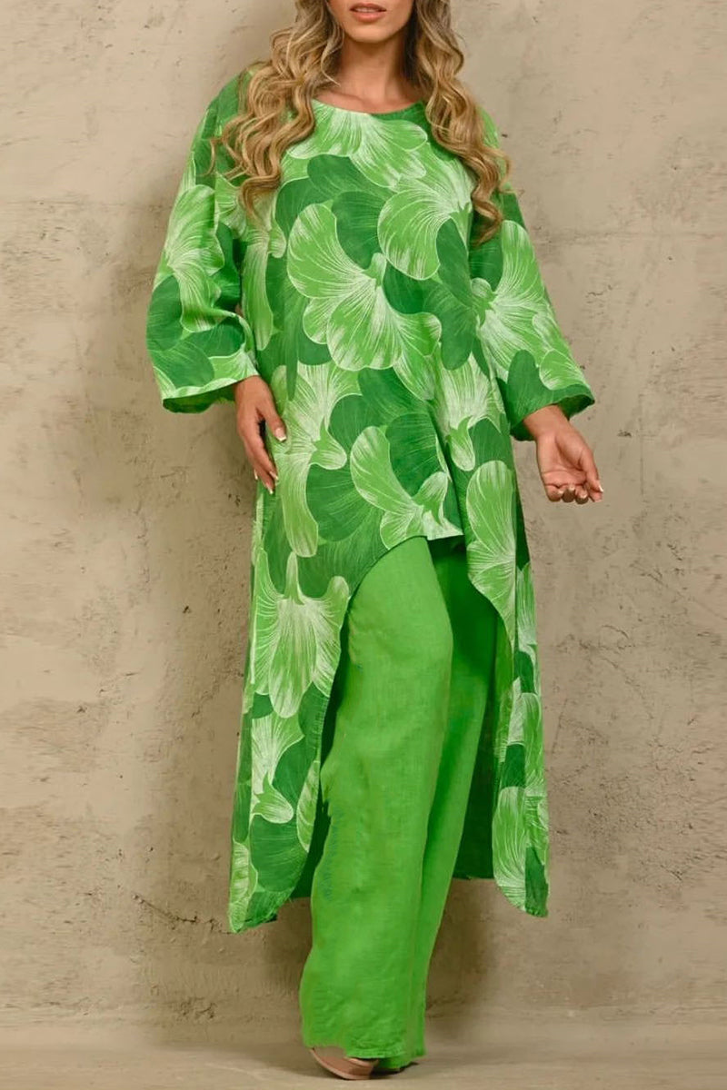 Kaynafashions - Casual Floral Asymmetrical O Neck Long Sleeve Two Pieces