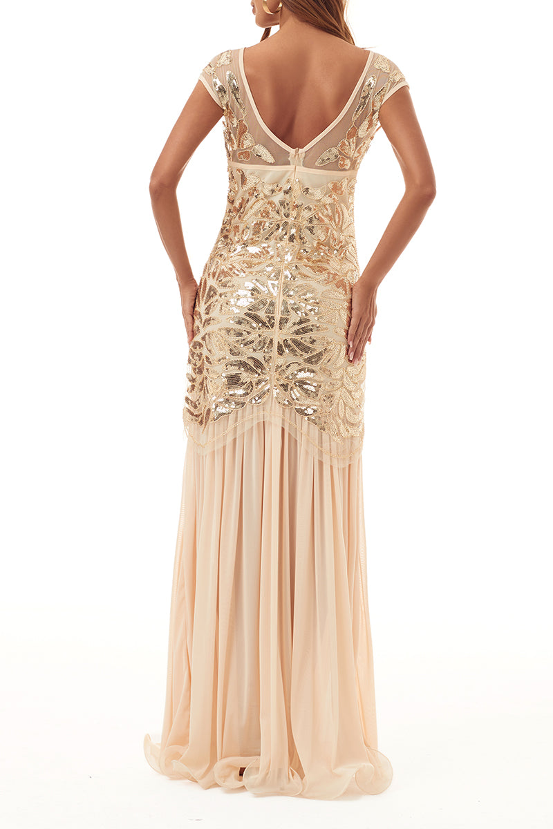 Kaynafashions - Elegant Formal Patchwork Sequins Beading Zipper O Neck Evening Dress Dresses