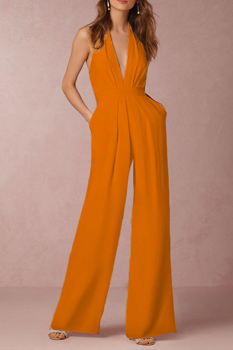 Kaynafashions - Sexy Elegant Solid Backless Fold V Neck Regular Jumpsuits(12 Colors)