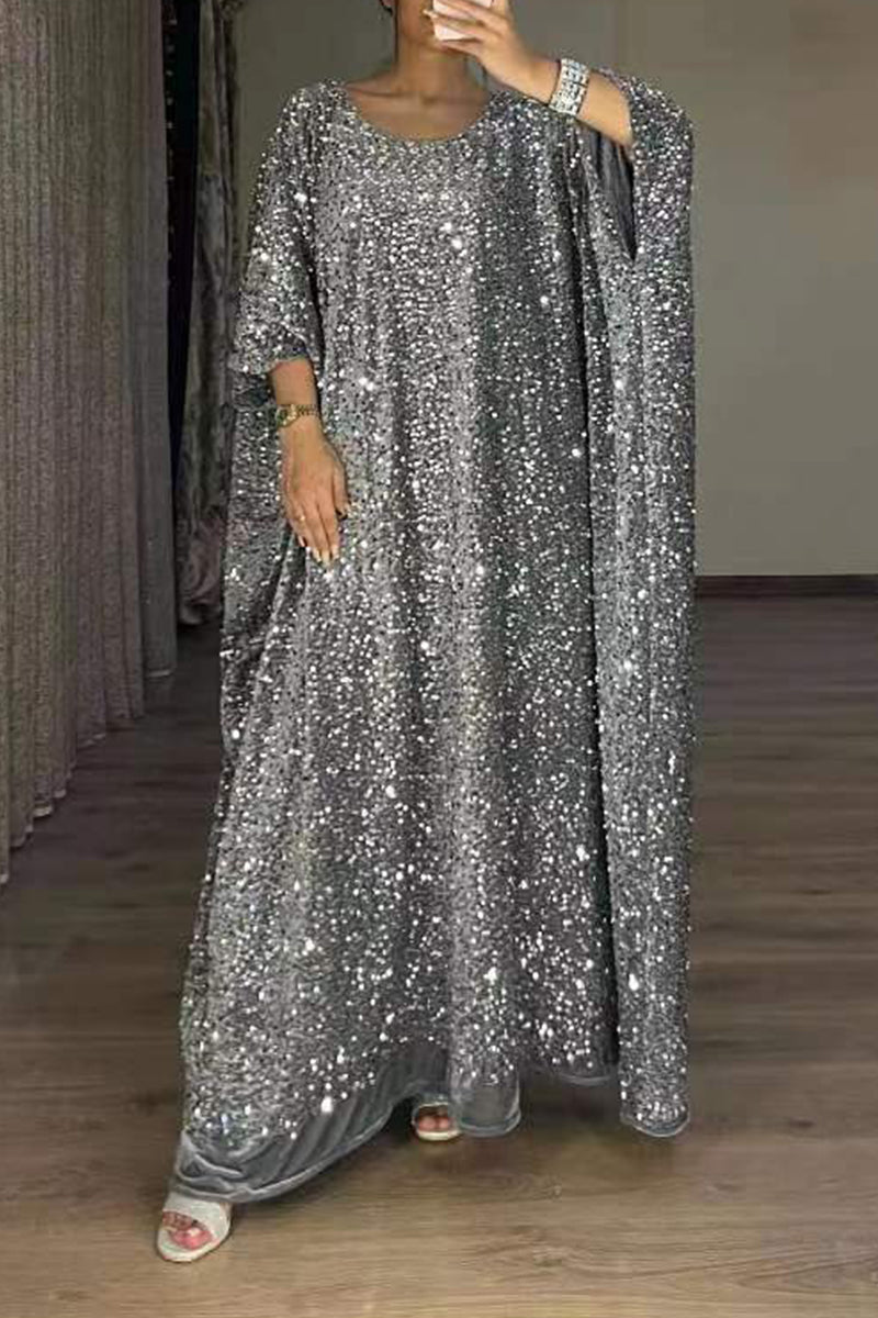 Kaynafashions - College Solid Sequins Sequined U Neck Long Sleeve Dresses