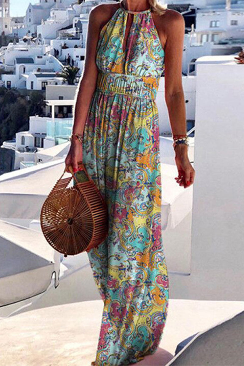 Kaynafashions - Street Geometric Print Printing Halter A Line Dresses(4 Colors)