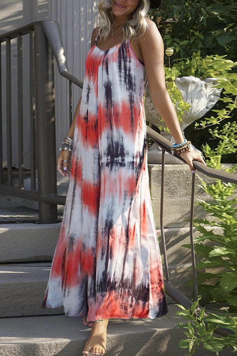 Kaynafashions - Casual Patchwork Tie-dye Spaghetti Strap Straight Dresses(7 colors)