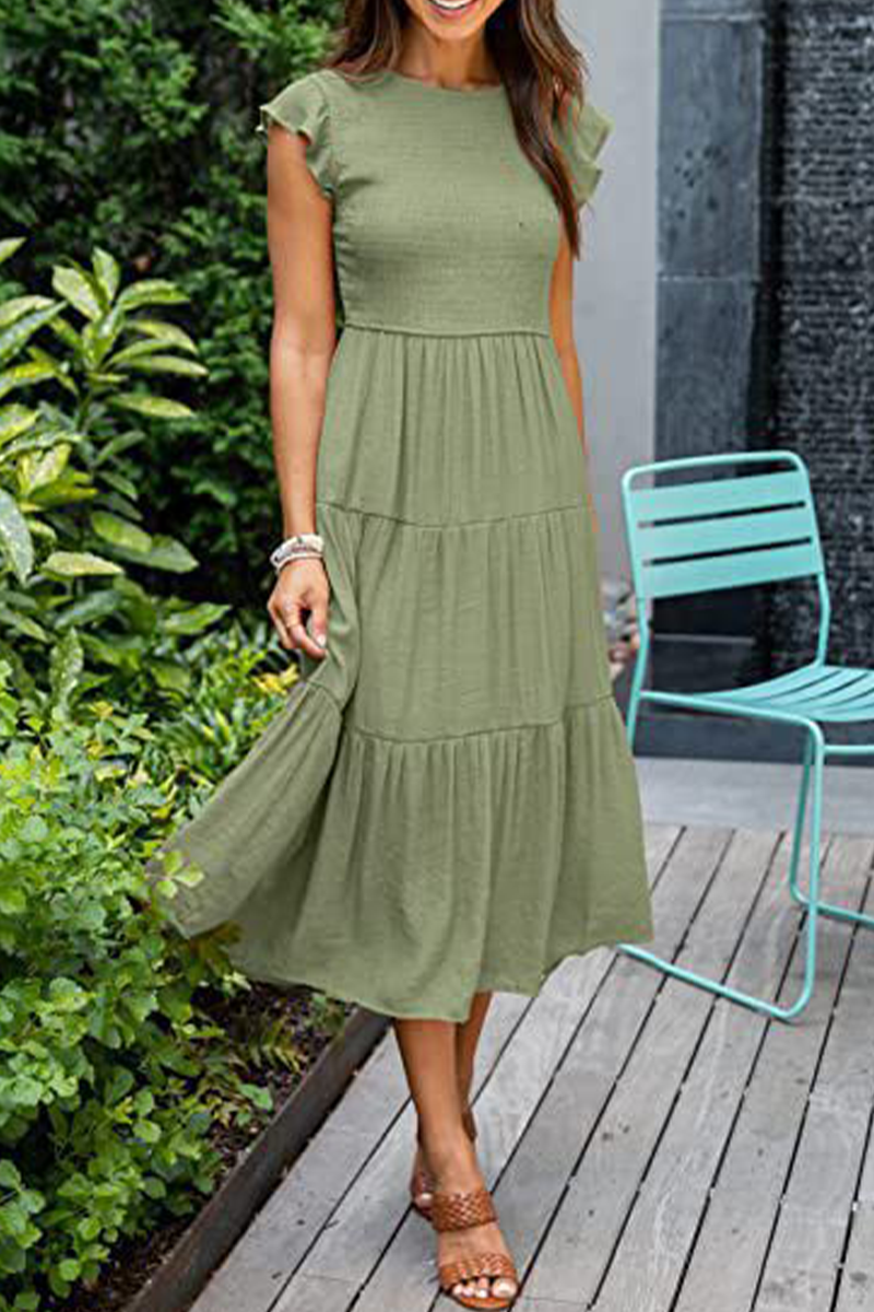 Kaynafashions - Fashion Solid Flounce O Neck Cake Skirt Dresses(9 colors)