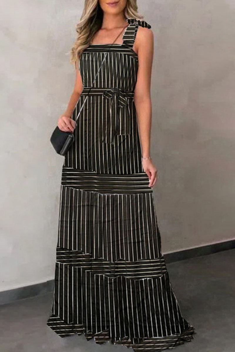 Kaynafashions - Sexy Casual Striped Bandage Patchwork Spaghetti Strap Pleated Dresses