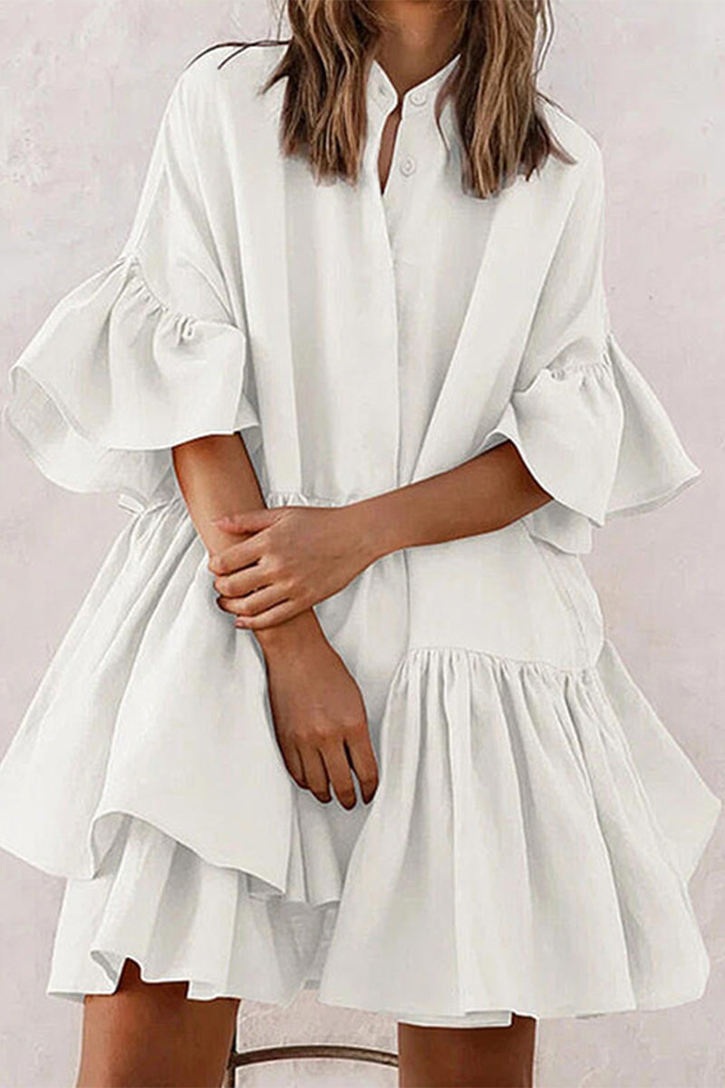 Kaynafashions - Sweet Elegant Solid Mandarin Collar Pleated Dresses