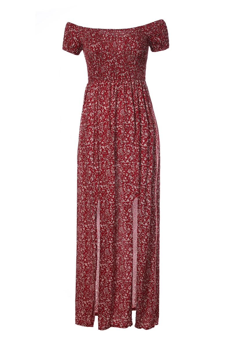 Kaynafashions - Fashion Print Slit Off the Shoulder Cake Skirt Dresses(3 colors)