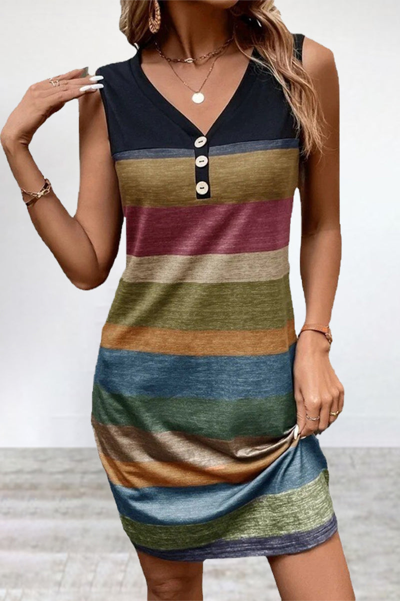 Kaynafashions - Casual Striped Contrast V Neck Sleeveless Dress Dresses(6 Colors)