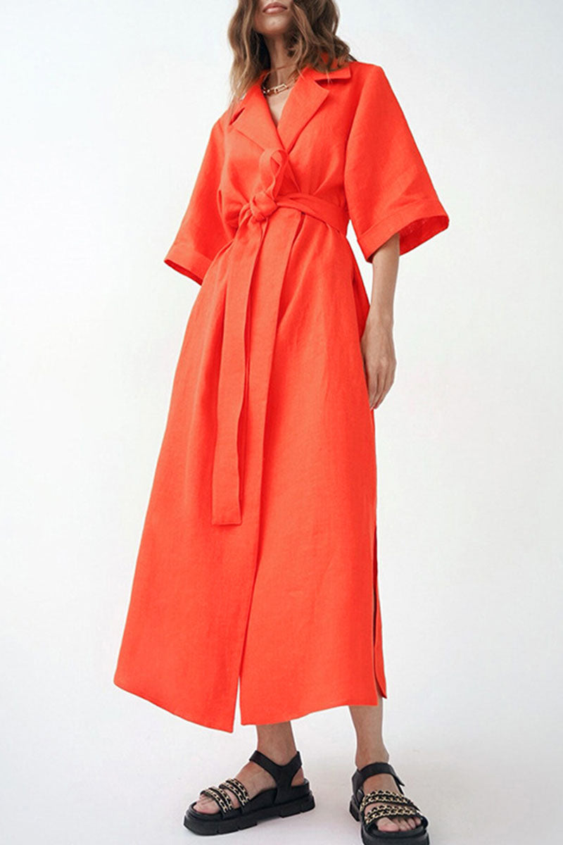 Kaynafashions - Casual Solid Bandage Patchwork Turn-back Collar Straight Dresses