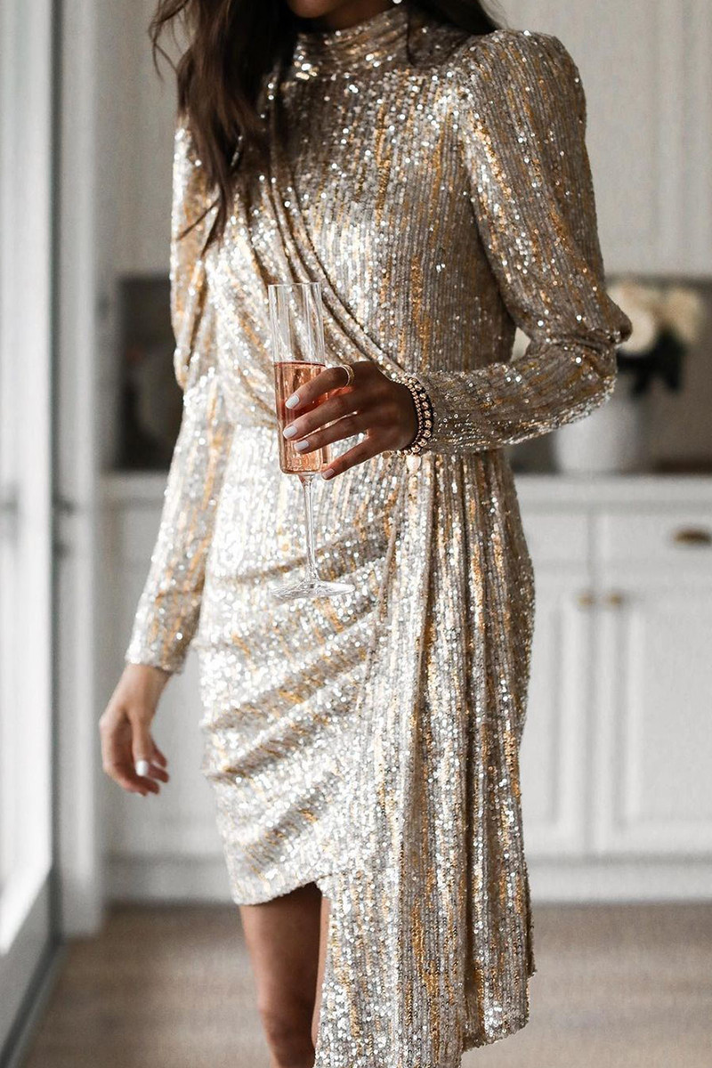 Kaynafashions - Casual Solid Sequins Turtleneck Pencil Skirt Dresses