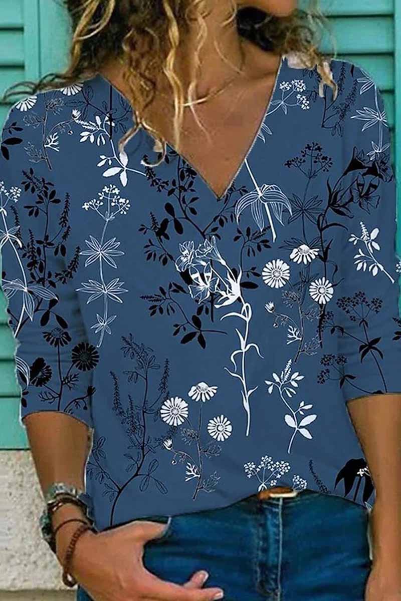 Kaynafashions - Street Print Patchwork V Neck Tops(7 Colors)