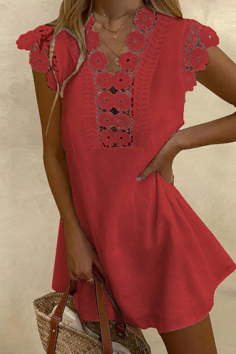 Kaynafashions - Casual Solid Hollowed Out V Neck A Line Short Sleeve Dress(8 Colors)