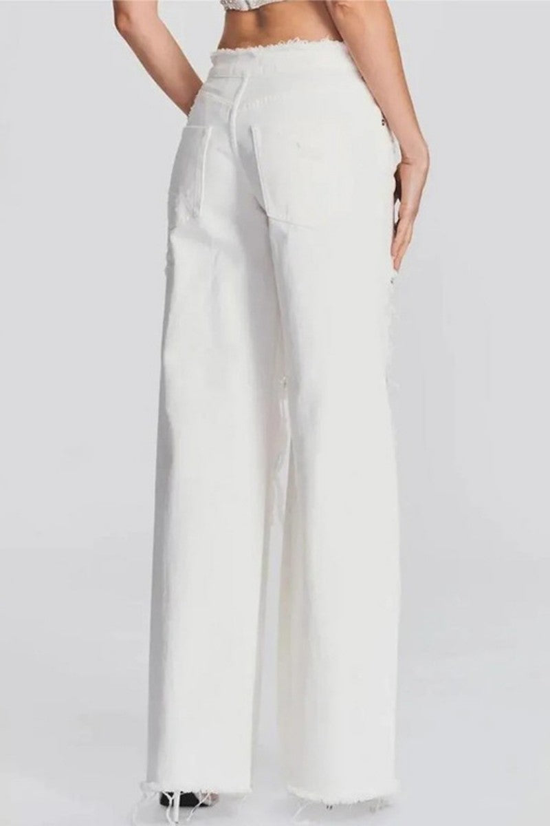 Kaynafashions - Casual Solid Ripped Patchwork Mid Waist Regular Denim Jeans (Subject To The Actual Object)