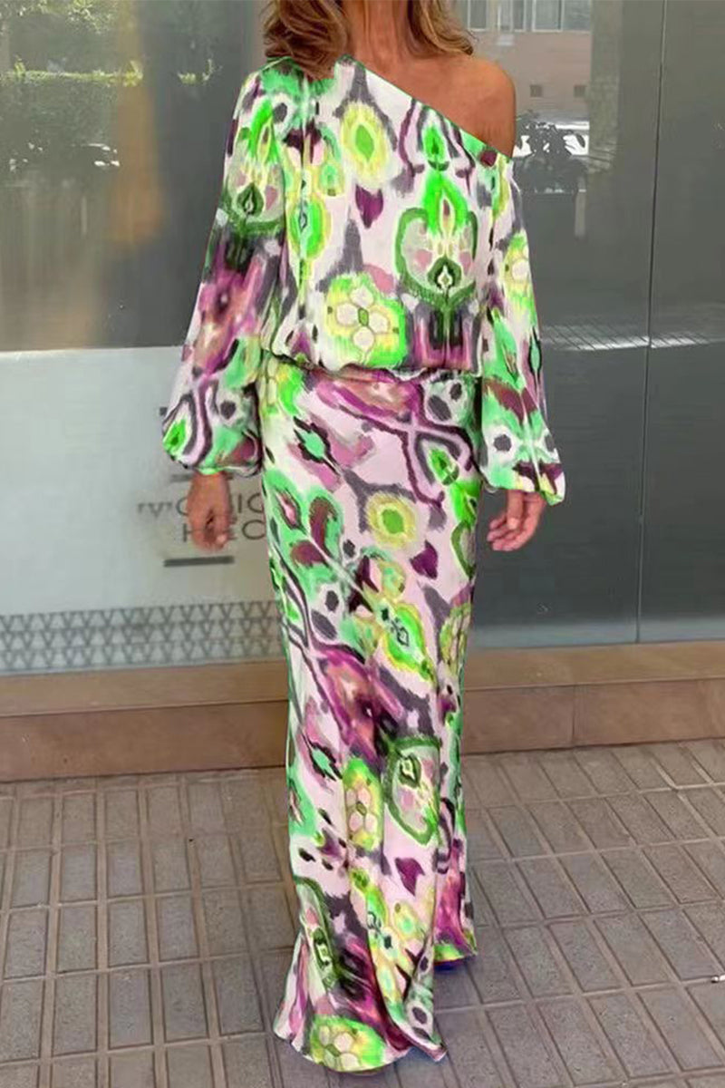 Kaynafashions - Sexy Floral Asymmetrical Oblique Collar Long Sleeve Two Pieces(7 Colors)