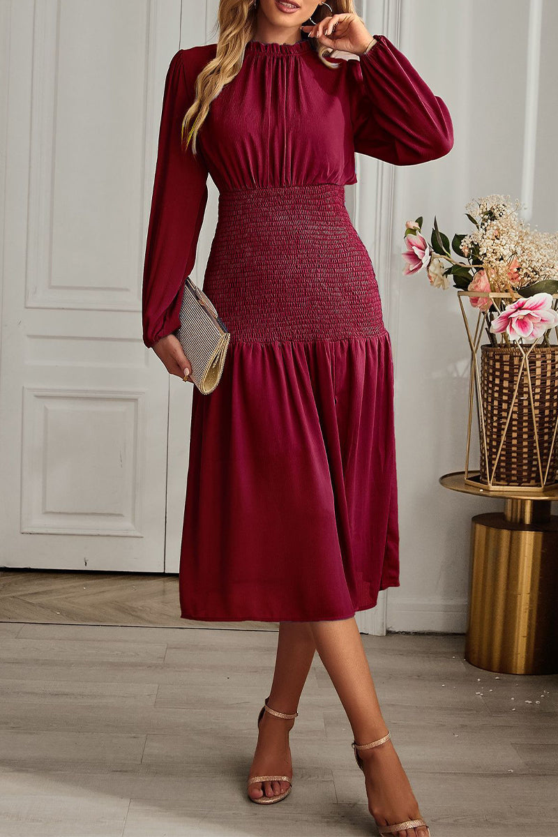Kaynafashions - Elegant Solid Flounce Half A Turtleneck Waist Skirt Dresses
