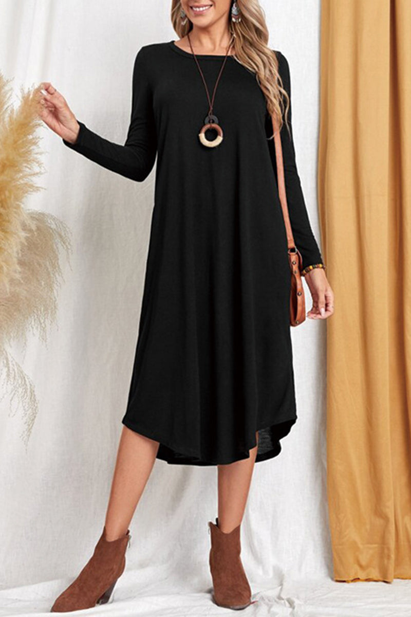 Kaynafashions - Casual Simplicity Solid Pocket O Neck Long Sleeve Dresses(6 Colors)