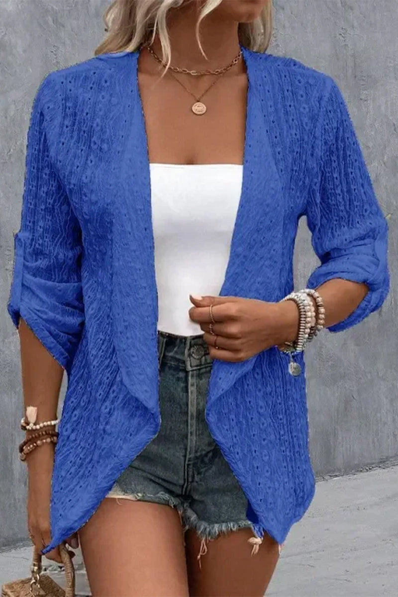 Kaynafashions - Simplicity Solid Hollowed Out Cardigan Collar Outerwear