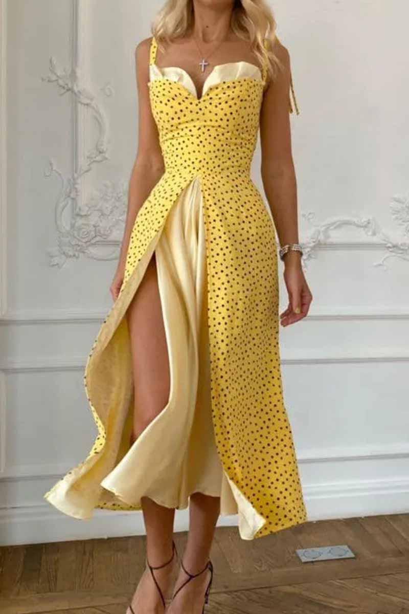 Kaynafashions - Elegant Print Solid Patchwork Slit V Neck A Line Dresses