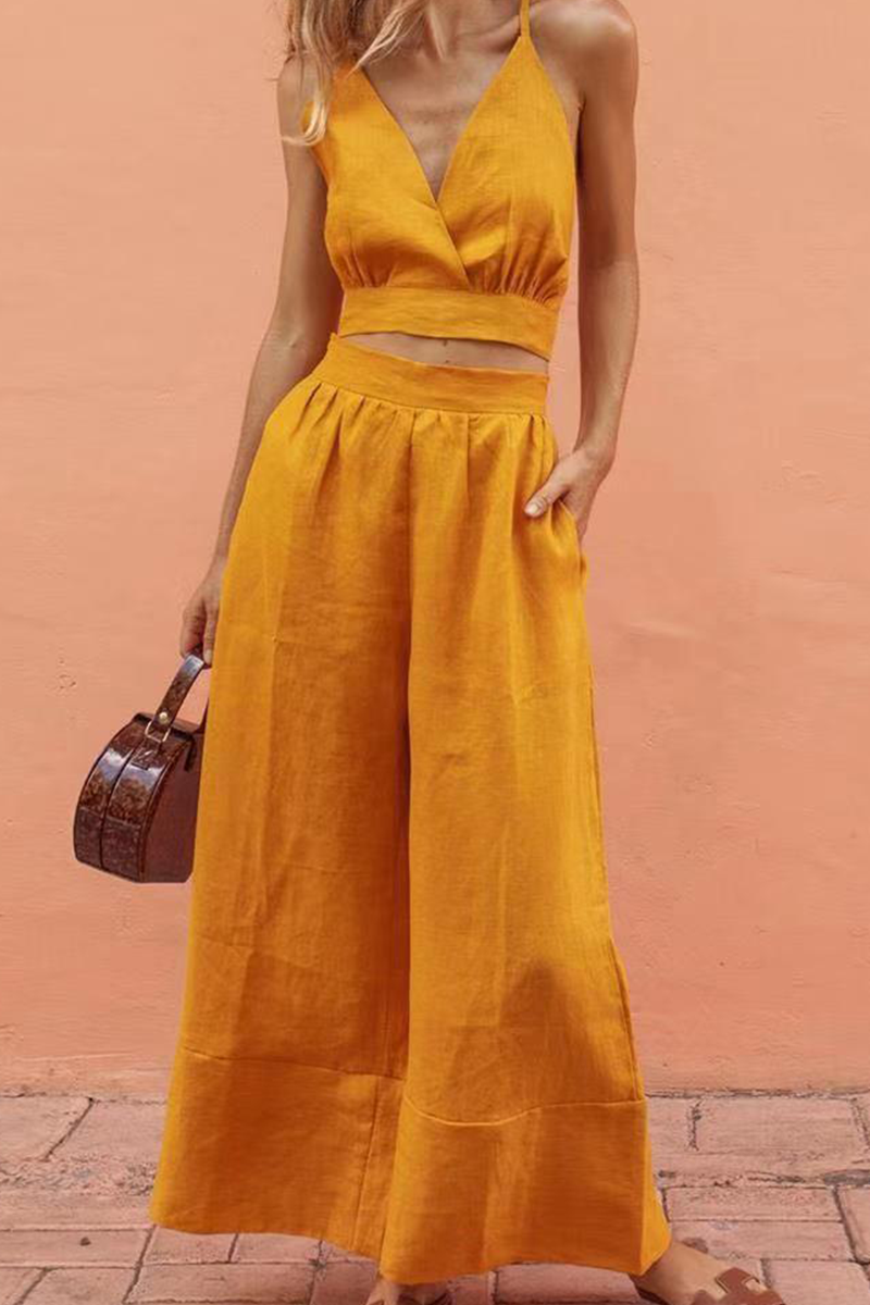 Kaynafashions - Casual Solid Patchwork Spaghetti Strap Sleeveless Two Pieces