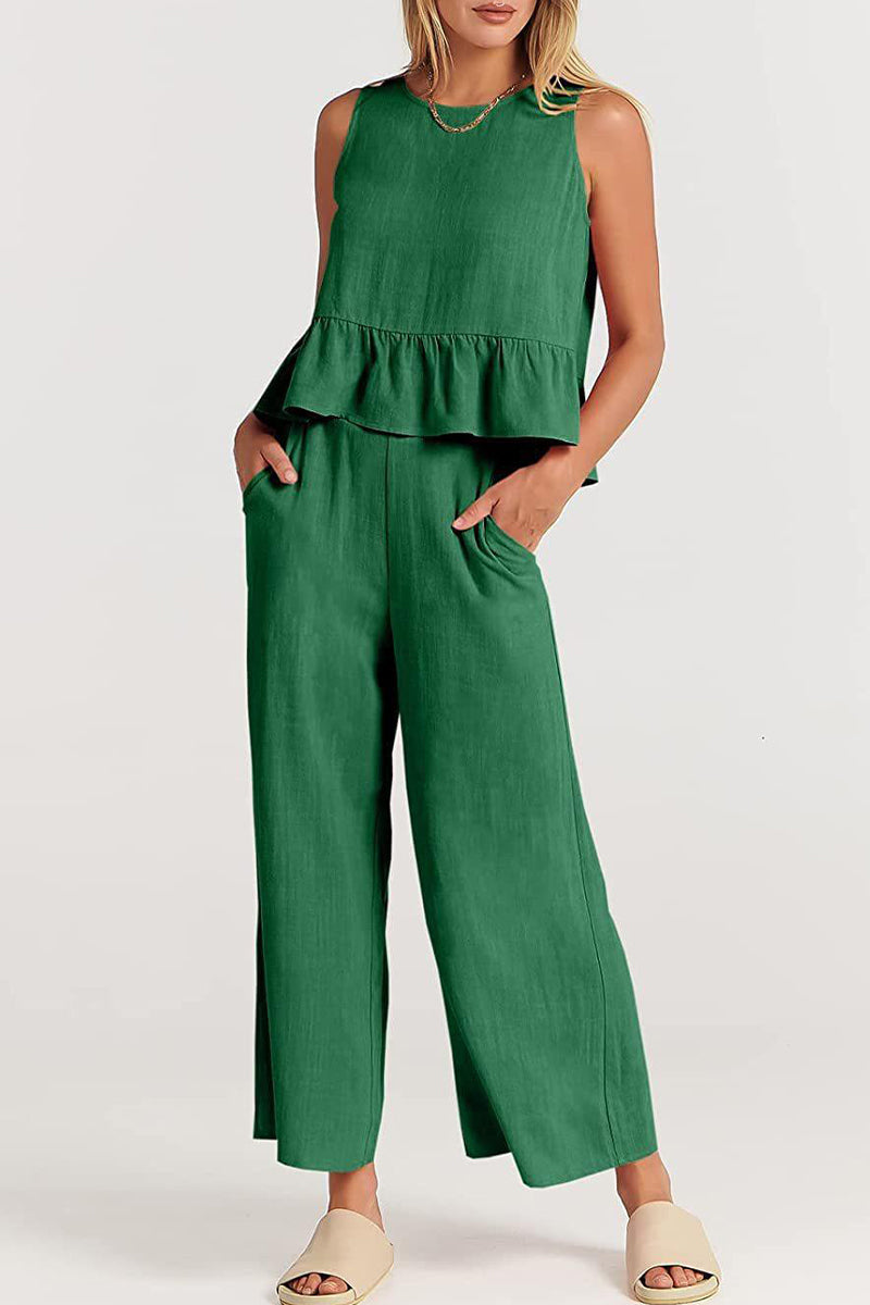 Kaynafashions - Casual Simplicity Solid Pocket Buttons O Neck Sleeveless Two Pieces