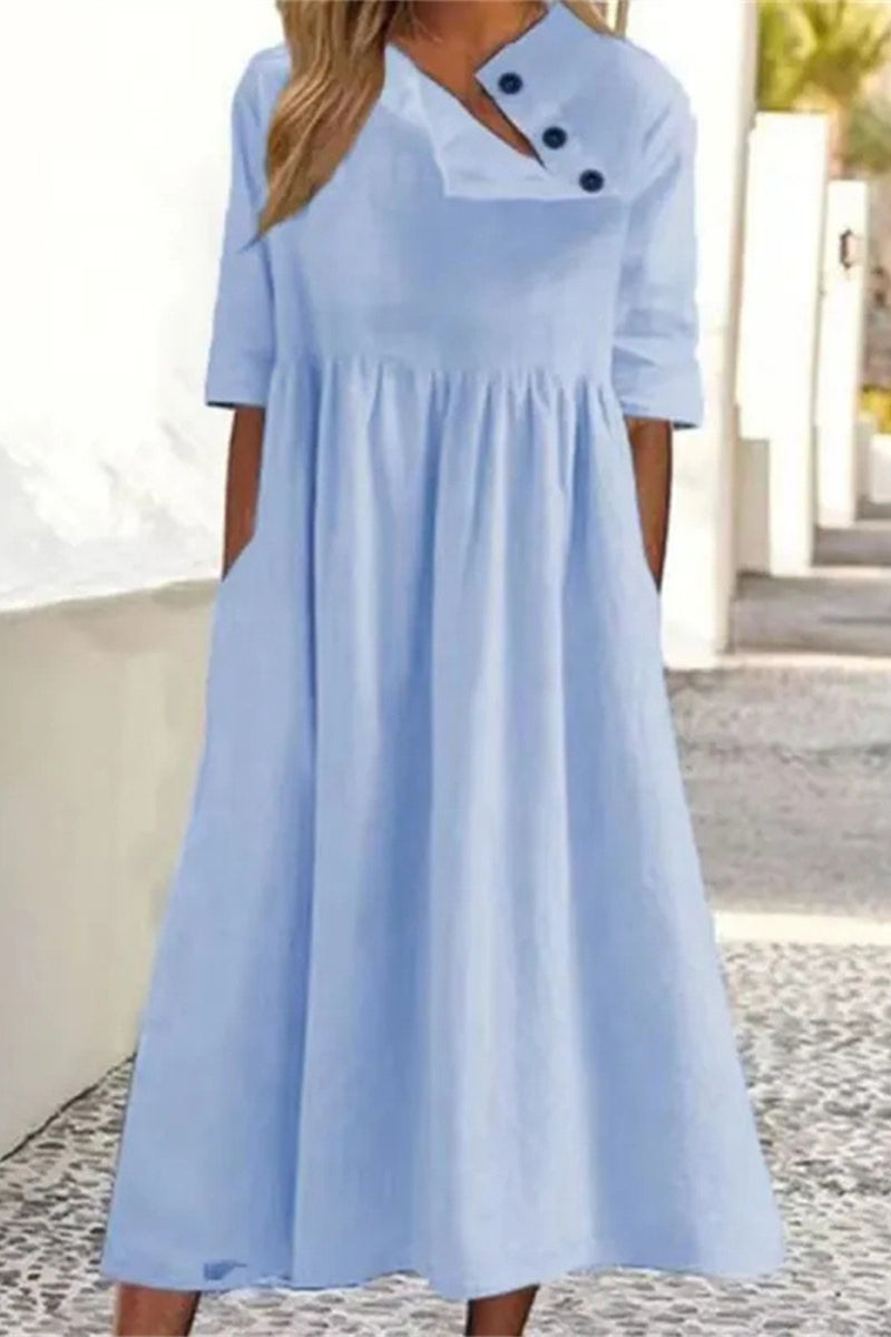 Kaynafashions - Casual Solid Pocket Buckle Oblique Collar A Line Dresses