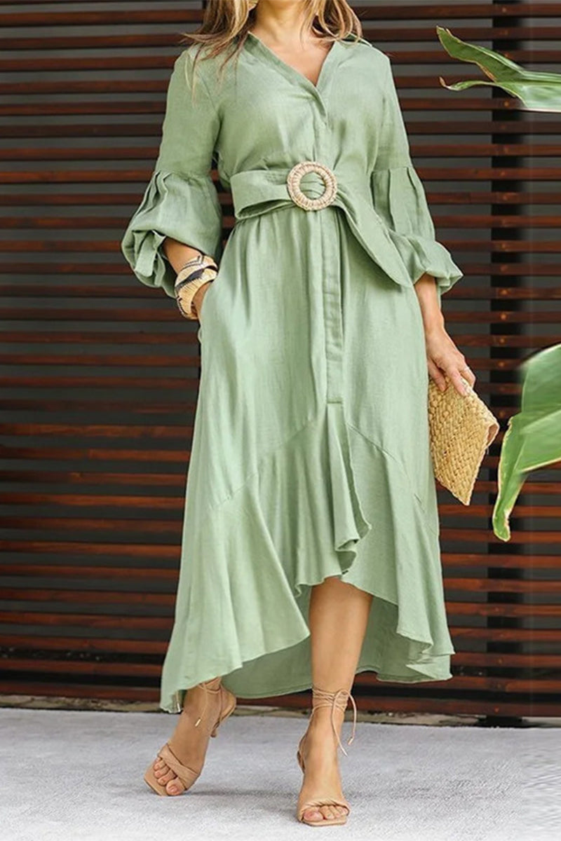 Kaynafashions - Street Solid With Belt V Neck A Line Dresses