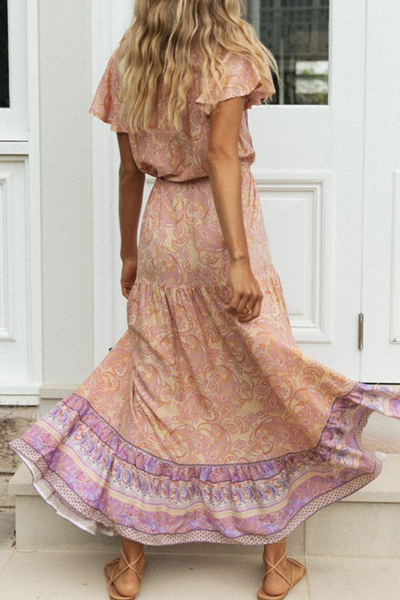 Kaynafashions - Fashion Vacation Print Patchwork V Neck Printed Dresses