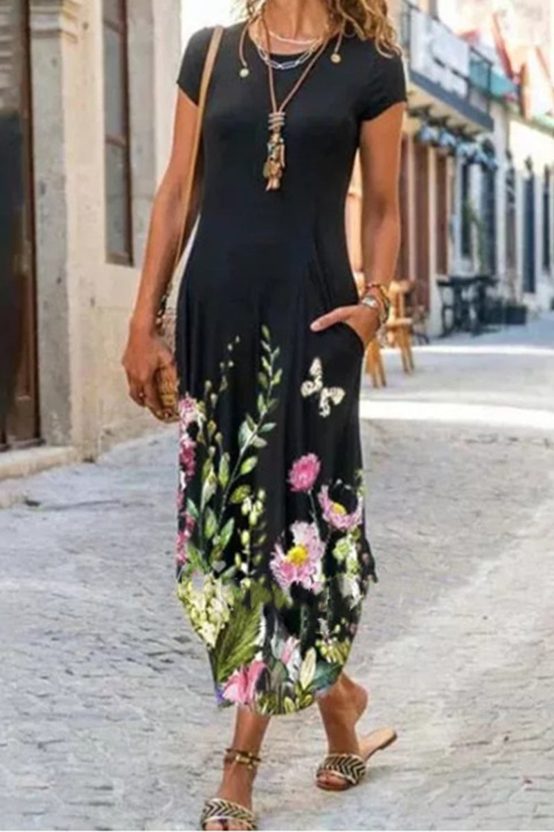 Kaynafashions - Casual Street Print Patchwork O Neck Short Sleeve Dress Dresses(10 Colors)