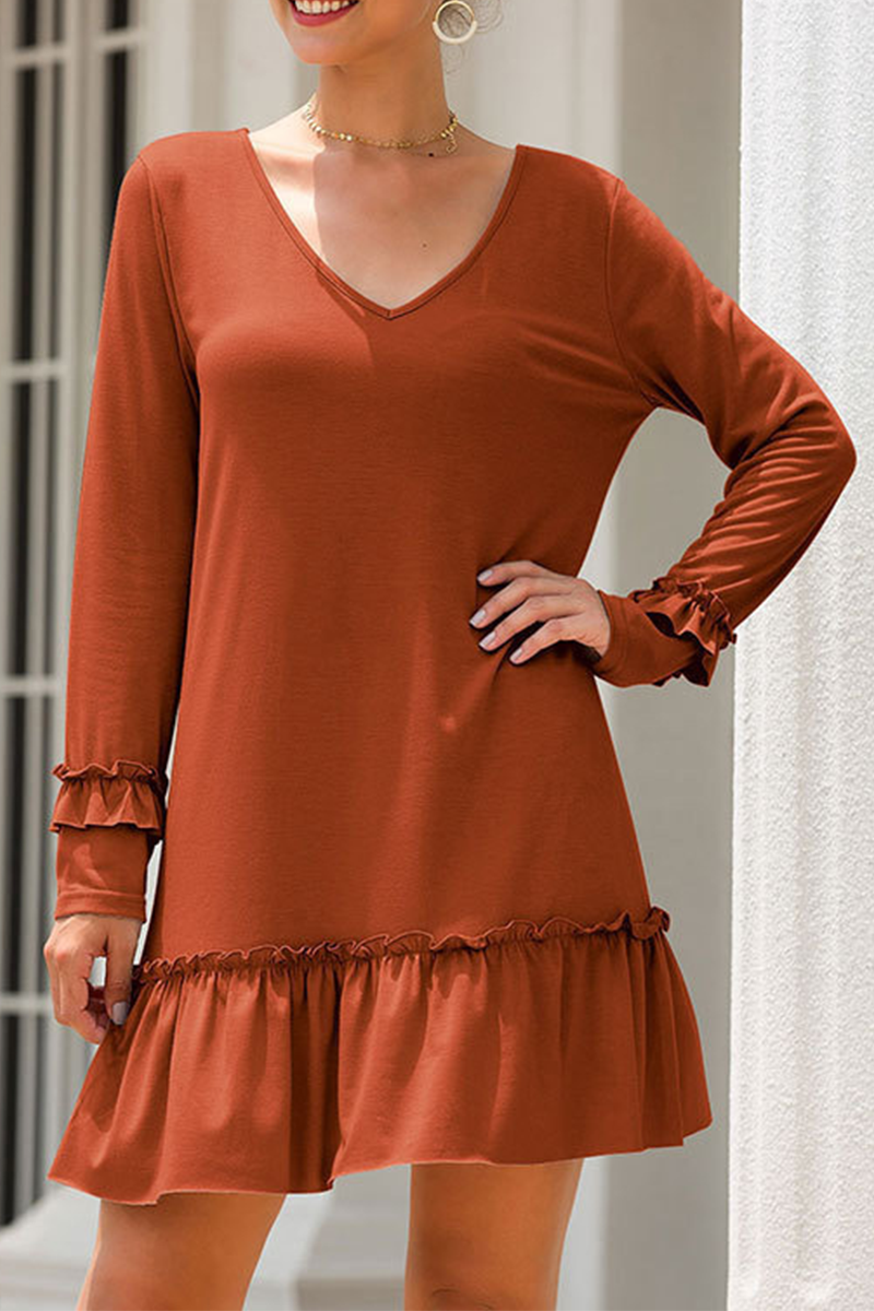 Kaynafashions - Casual Solid Flounce V Neck Straight Dresses(3 colors)