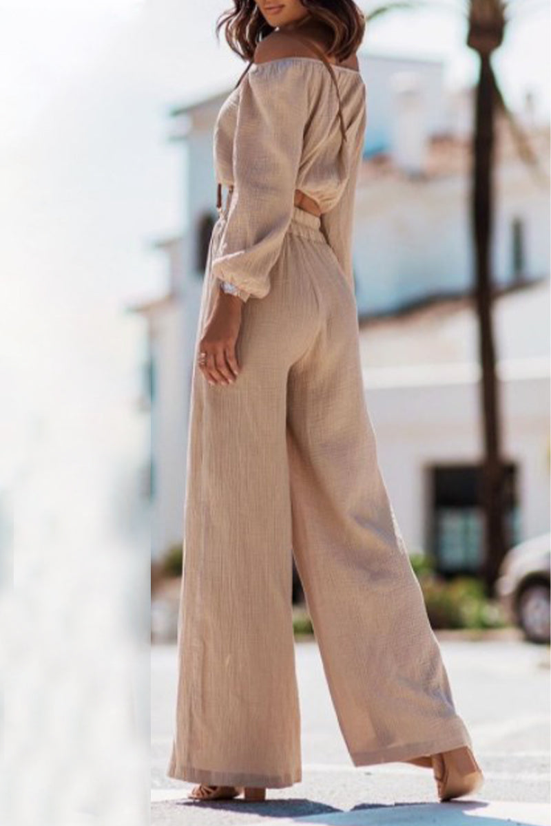 Kaynafashions - Casual Simplicity Solid Fold Off the Shoulder Long Sleeve Two Pieces