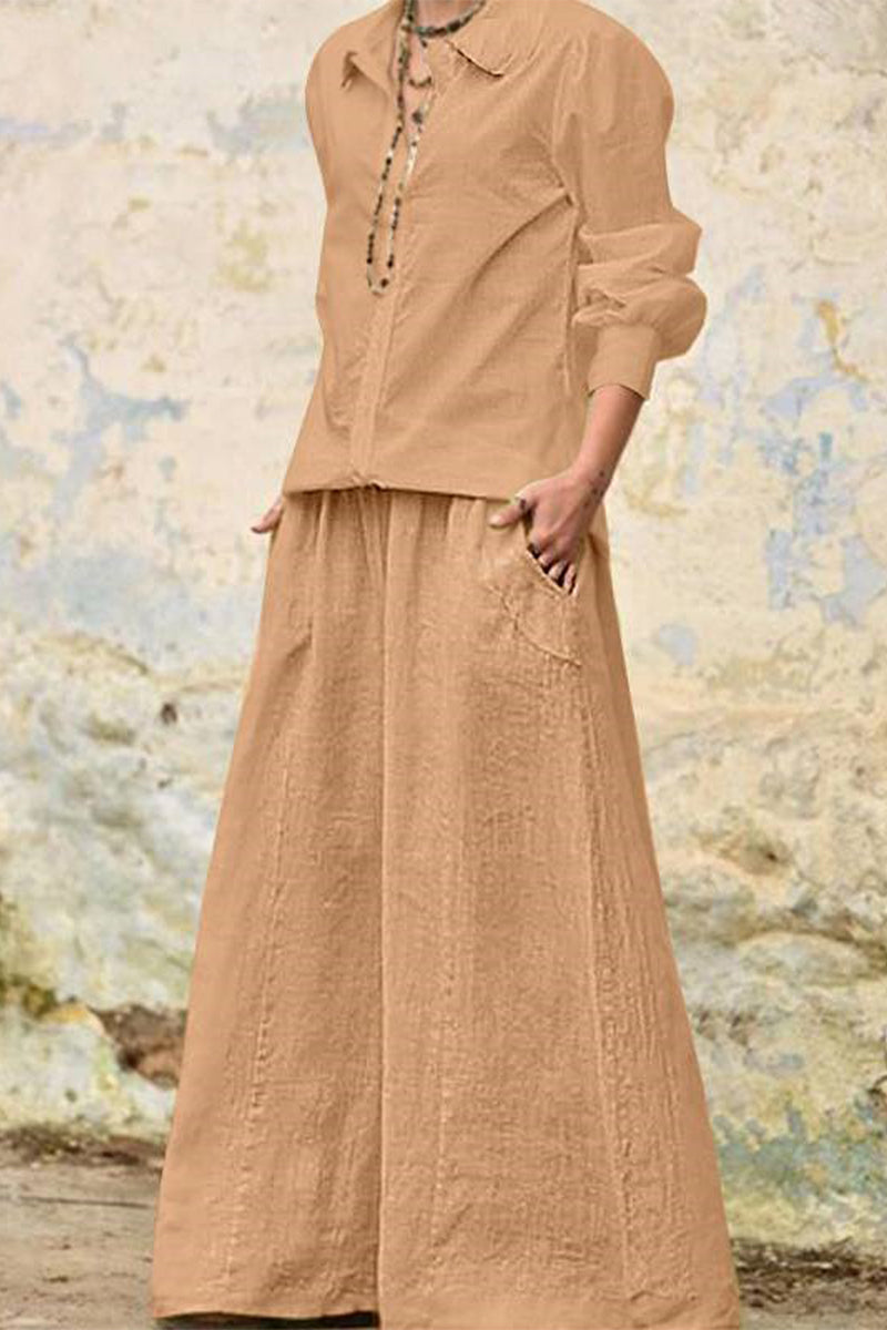 Kaynafashions - Casual Solid Pocket Turndown Collar Long Sleeve Two Pieces