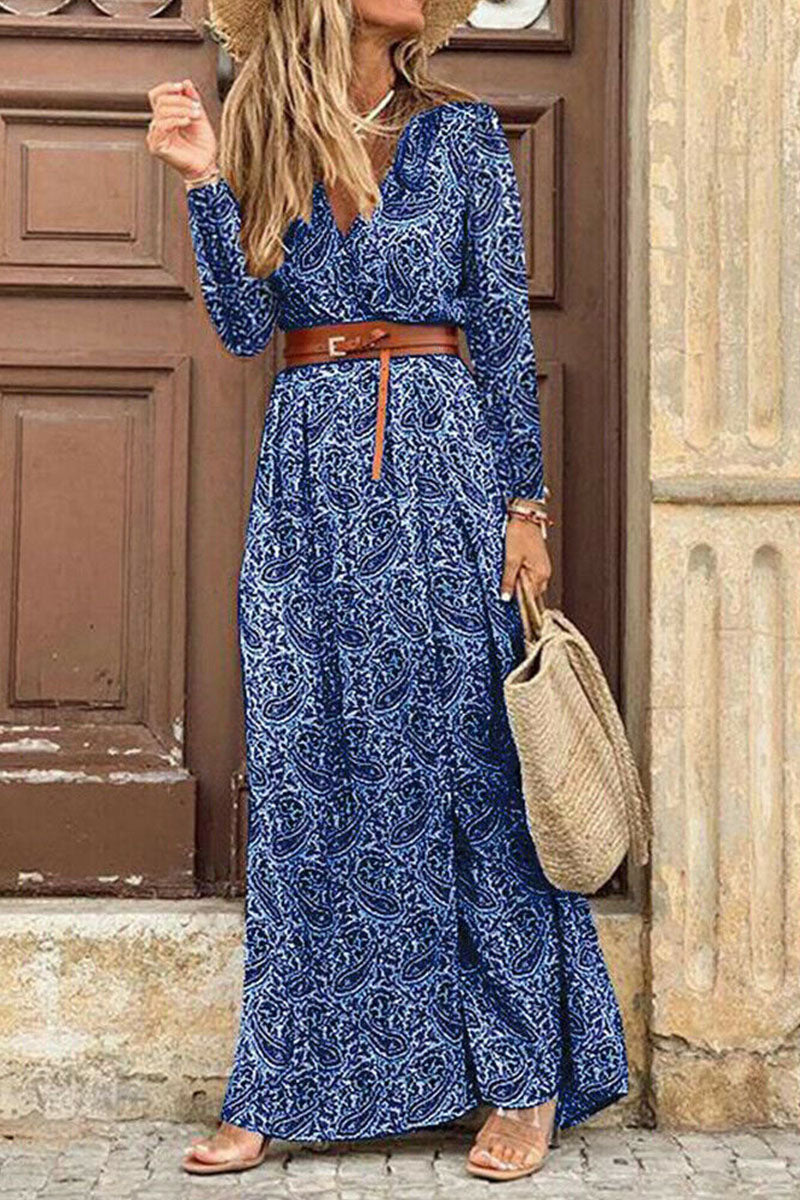 Kaynafashions - Fashion Bohemian Print With Belt V Neck Cake Skirt Dresses(3 Colors)